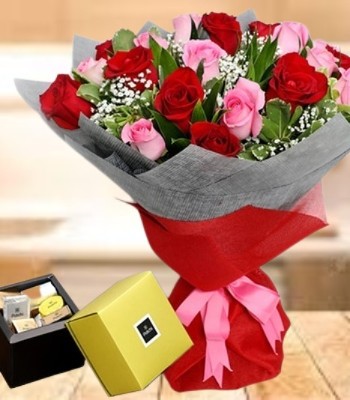 18 Red and White Roses with Chocolates