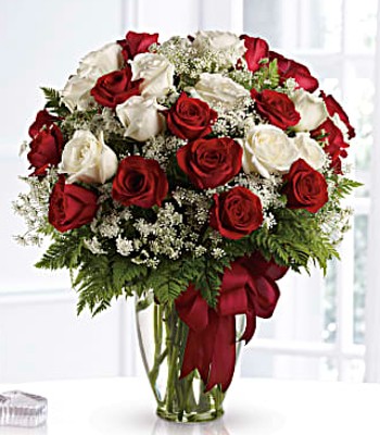 Rose Flower Arrangement - 18 Red and White Roses with Free Vase