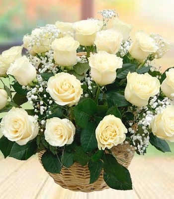 White Rose Flower Basket - 18 Roses