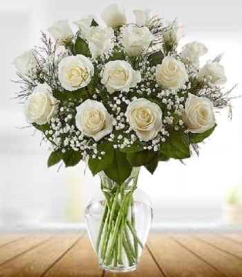 White Rose Arrangement - 18 White Roses With Free Vase