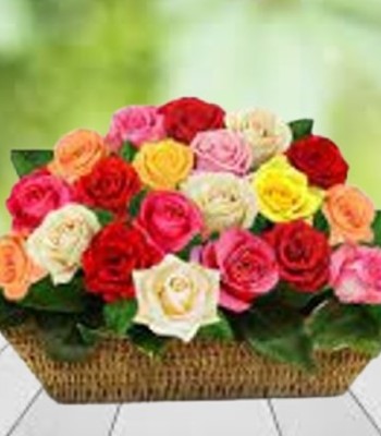 Two Dozen Assorted Roses in Basket - Mix Colored