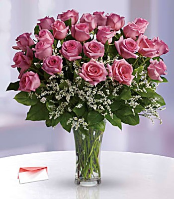 Pink Rose Flower Bouquet - 24 Pink Roses With Free Vase