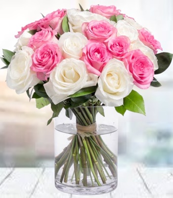 Two Dozen Pink and Yellow Roses in Vase