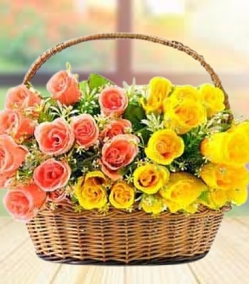 Rose Basket - 24 Pink and Yellow Roses