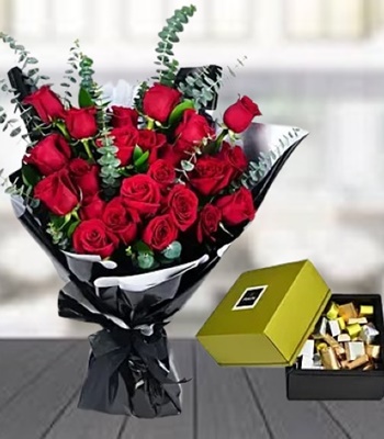 Two Dozen Red Roses Bouquet with Chocolates