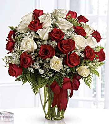 Two Dozen Red and White Roses in Vase