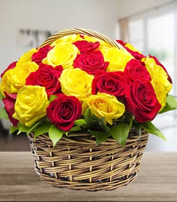 Rose Flower Basket - 18 Red and Yellow Roses