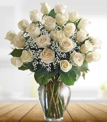 White Rose Arrangement - 24 White Roses With Free Vase