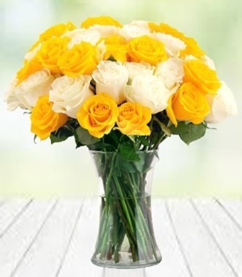Two Dozen Yellow and White Roses in Vase