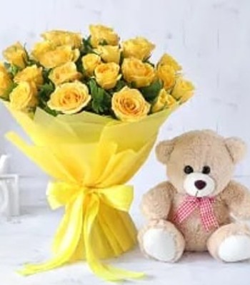 Roses Flower Bouquet - 24 Red Roses with Teddy Bear & Free Vase