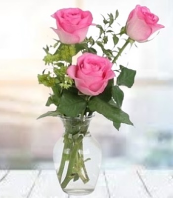 Pink Rose Bouquet - 3 Pink Roses in Vase