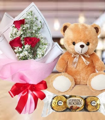 Valentine's Gift Set - 3 Red Roses, Teddy Bear and Chocolates.