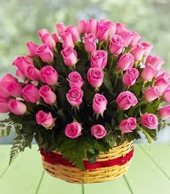 Rose Flower Basket - 36 Pink Roses in Basket