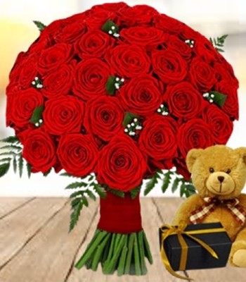 36 Red Rose Flower Bouquet with Teddy Bear and Free Chocolates