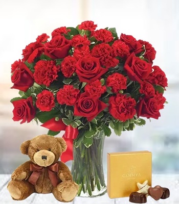 Red Rose Bouquet - 36 Roses With Free Vase and Chocolates