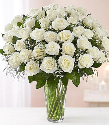 White Rose Bouquet - 36 White Roses in Vase