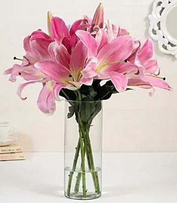 Lily Flower - 5 Pink Lilies with Free Vase