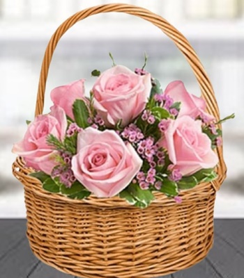 Rose Basket - 6 Pink Roses