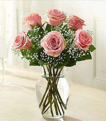 Rose Flower Bouquet  - 6 Pink Roses With Free Glass Vase