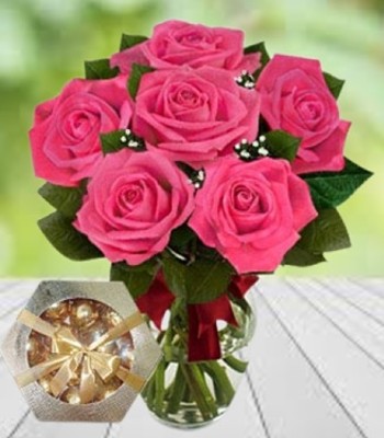 Pink Rose Bouquet & Chocolates - 6 Pink Rose in Vase