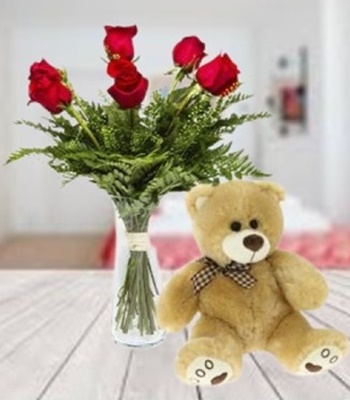 Rose Flower Bouquet with Teddy - 6 Red Roses