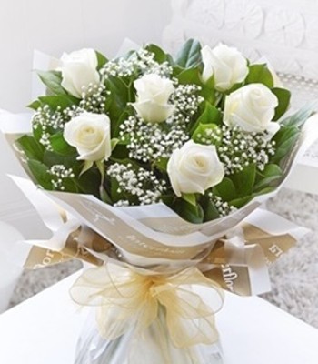 White Rose Bouquet - 6 White Roses Hand-Tied