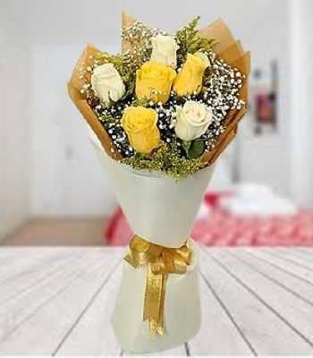 Rose Flower Bouquet - 6 Stems of Yellow and White Roses