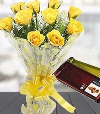 Yellow Rose Flower Bouquet with Chocolate - 6 Stems