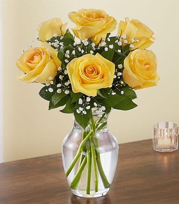 Rose Flower Bouquet - 6 Yellow Roses in Vase