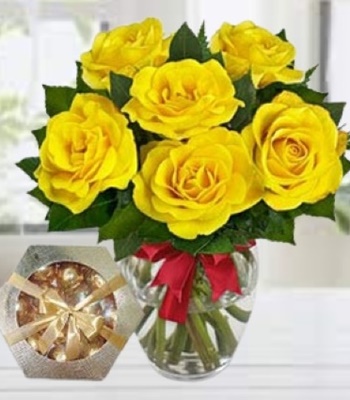 Yellow Roses - 6 Yellow Rose Bouquet with Free Vase and Chocolates