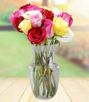 Mix Color Rose Bouquet - 9 Assorted Roses in Vase