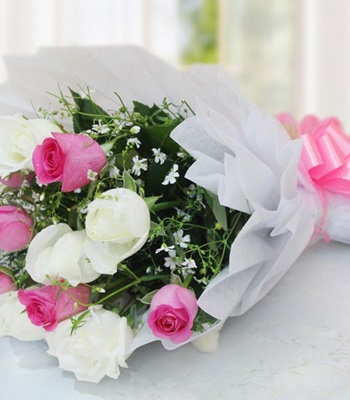 Rose Flower Bouquet - 9 Pink and White Roses