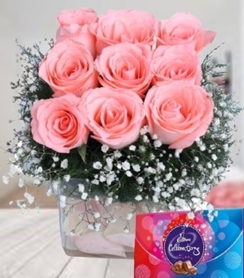 Pink Rose Bouquet with Chocolate - 9 Pink Roses in Vase
