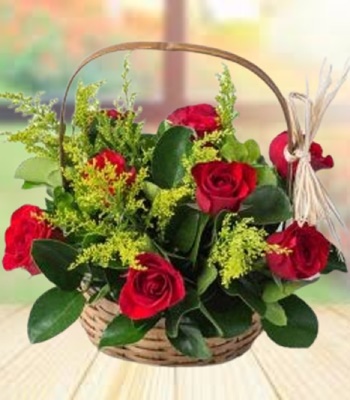 Rose Flower Basket - 9 Red Roses