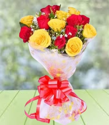 Rose Flower Bouquet - 9 Red and Yellow Roses Hand-Tied