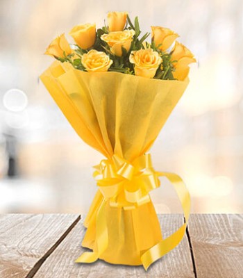 Yellow Rose Bouquet - 9 Yellow Roses with Green Fillers