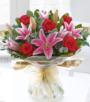 Rose and Lily Bouquet - Red Roses and Pink Lilies Hand-Tied