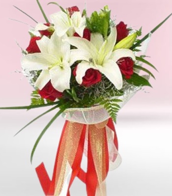 Love & Romance Flowers - Red Rose and White Lily Bouquet