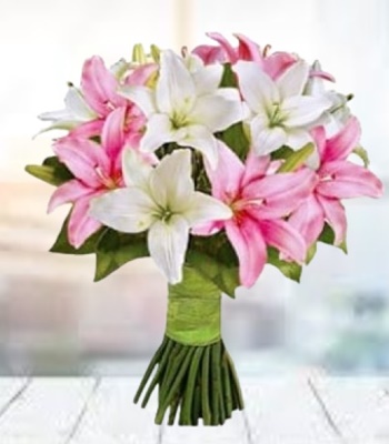 Lily Flower Bouquet - White and Pink Lilies Hand-Tied