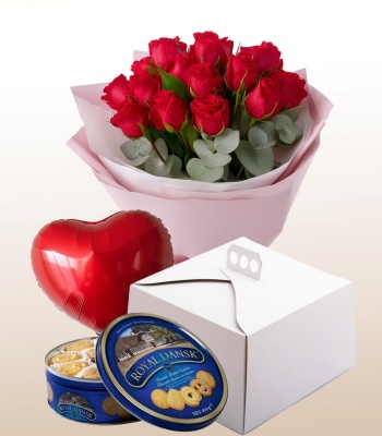 Dozen Roses With Cake,  Mini Balloon And Cookies