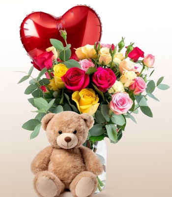 Romantic Roses Bouquet With Teddy & Balloon