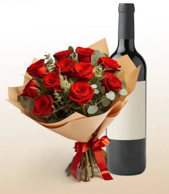 Red Rose Bouquet With Wine