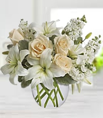 Cream Roses And White Asiatic Lily Bouquet