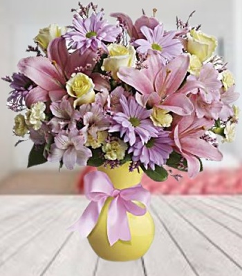 Mix Flowers In Yellow Serendipity Vase