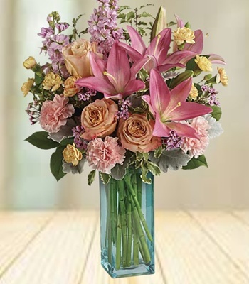 Peach Roses and White Asiatic Lilies with Lemon Leaf