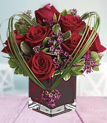 Red Rose and Purple Wax Flower Bouquet