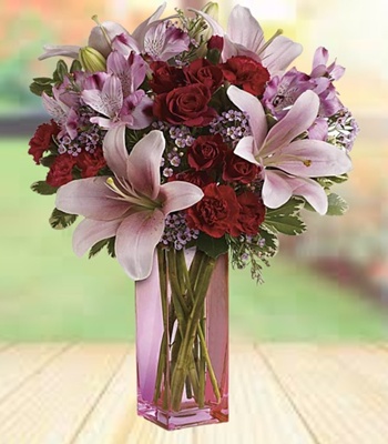 Red Roses And Pink Asiatic Lily Bouquet
