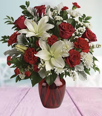 Red Roses and White Lilies Love Flowers Bouquet