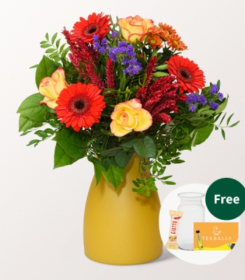 Autumn Bouquet with Yellow-Orange Roses & Red Germini