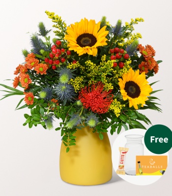 Bright Autumn Sunshine Bouquet with Sunflowers & Red Pincushions